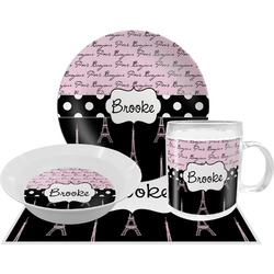 Paris Bonjour and Eiffel Tower Dinner Set - Single 4 Pc Setting w/ Name or Text