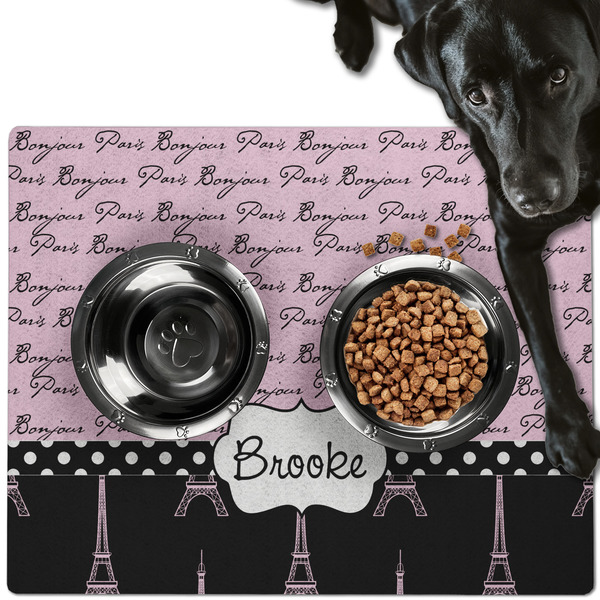 Custom Paris Bonjour and Eiffel Tower Dog Food Mat - Large w/ Name or Text