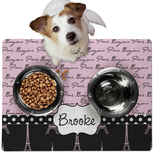 Custom Paris Bonjour and Eiffel Tower Dog Food Mat - Medium w/ Name or Text