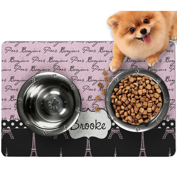 Custom Paris Bonjour and Eiffel Tower Dog Food Mat - Small w/ Name or Text