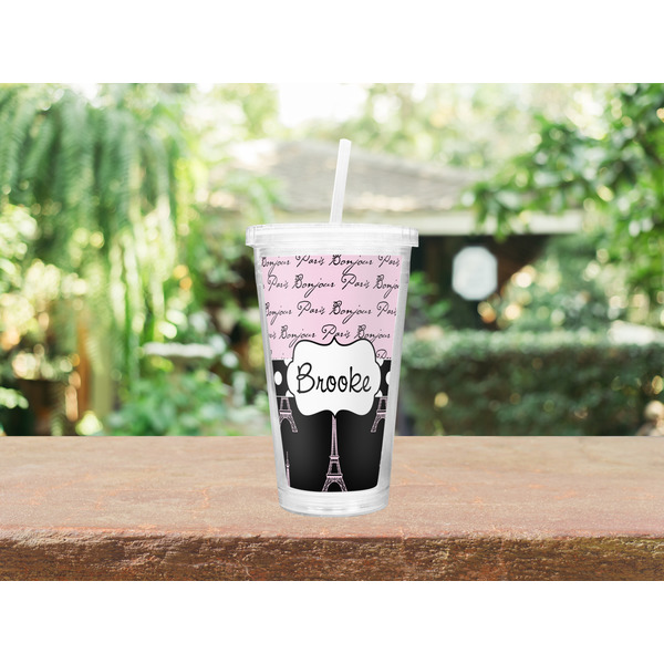 Paris Bonjour and Eiffel Tower Double Wall Tumbler with Straw Lifestyle