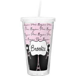 Paris Bonjour and Eiffel Tower Double Wall Tumbler with Straw (Personalized)