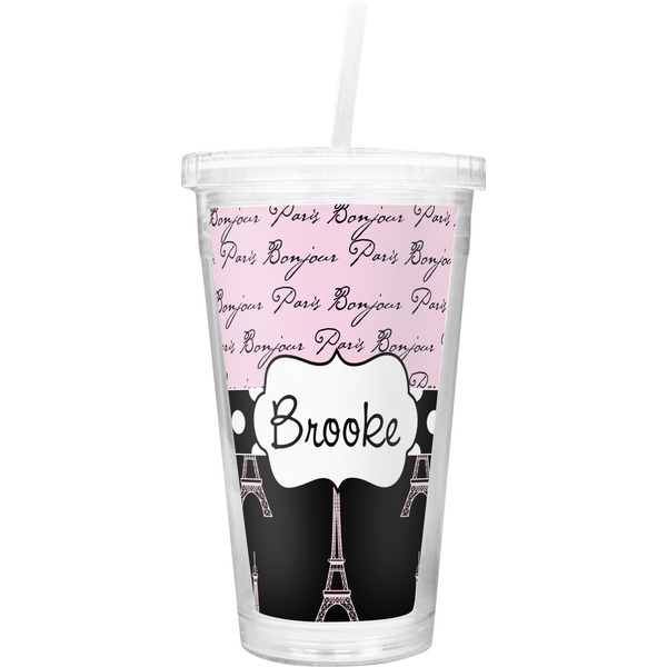 Custom Paris Bonjour and Eiffel Tower Double Wall Tumbler with Straw (Personalized)