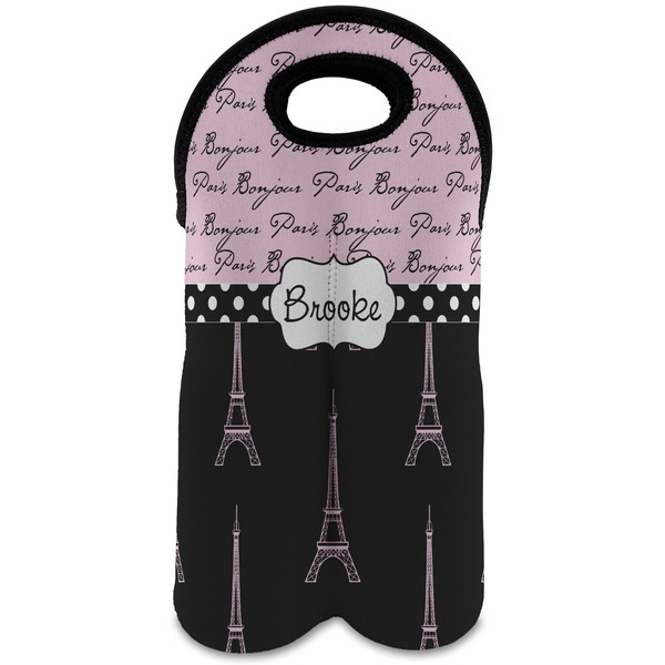 Custom Paris Bonjour and Eiffel Tower Wine Tote Bag (2 Bottles) (Personalized)