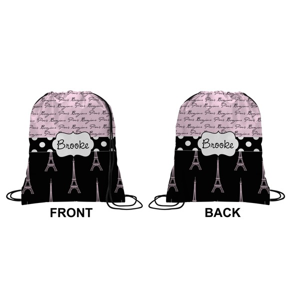 Paris Bonjour and Eiffel Tower Drawstring Backpack Front & Back Small