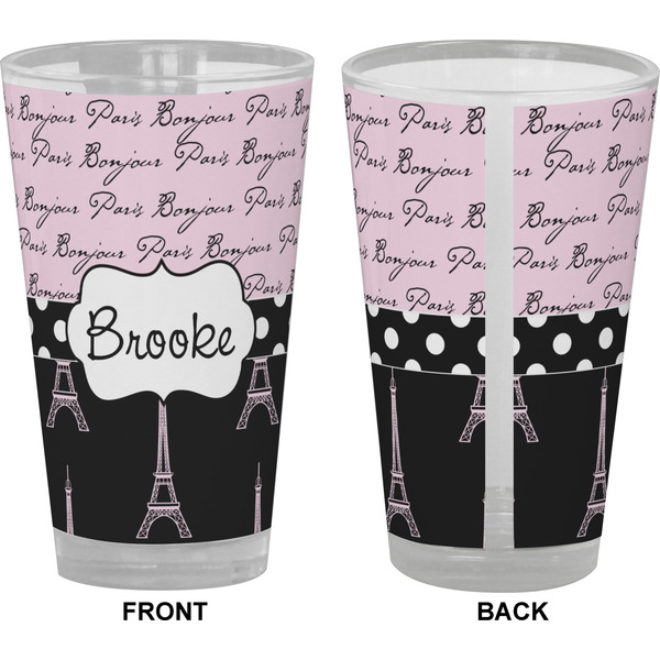 Paris Bonjour and Eiffel Tower Pint Glass - Full Color - Front & Back Views