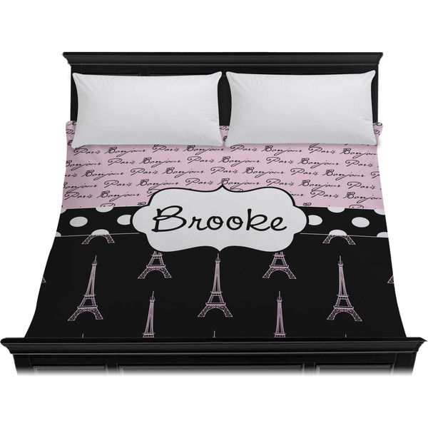 Paris Bonjour and Eiffel Tower Duvet Cover - King - On Bed - No Prop