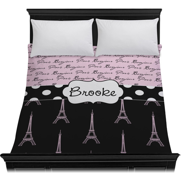 Paris Bonjour and Eiffel Tower Duvet Cover - Queen - On Bed - No Prop