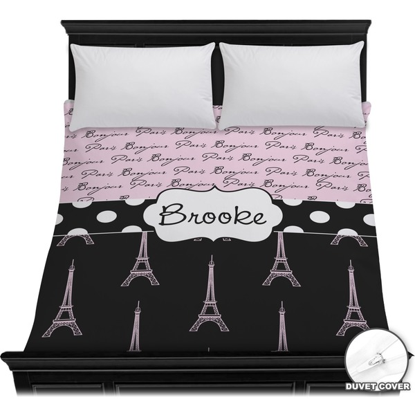 Custom Paris Bonjour and Eiffel Tower Duvet Cover - Full / Queen (Personalized)