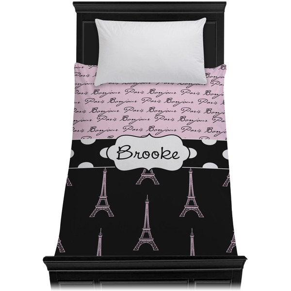 Paris Bonjour and Eiffel Tower Duvet Cover - Twin XL - On Bed - No Prop