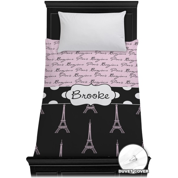 Custom Paris Bonjour and Eiffel Tower Duvet Cover - Twin (Personalized)