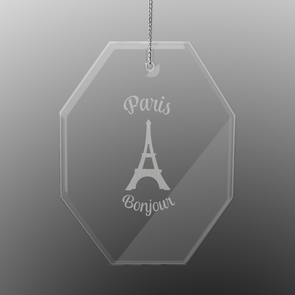 Custom Paris Bonjour and Eiffel Tower Engraved Glass Ornament - Octagon (Personalized)