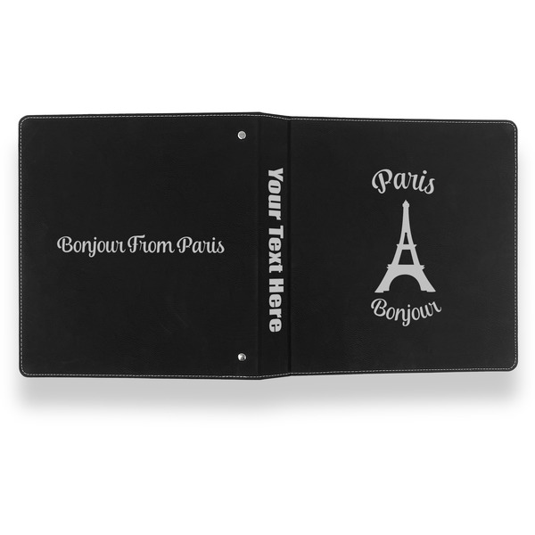 Paris Bonjour and Eiffel Tower Leather Binder - 1" - Black- Back Spine Front View