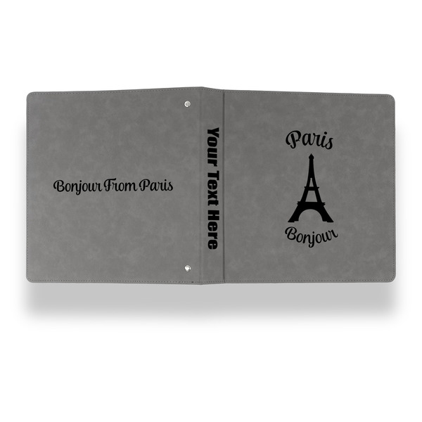 Paris Bonjour and Eiffel Tower Leather Binder - 1" - Grey - Back Spine Front View