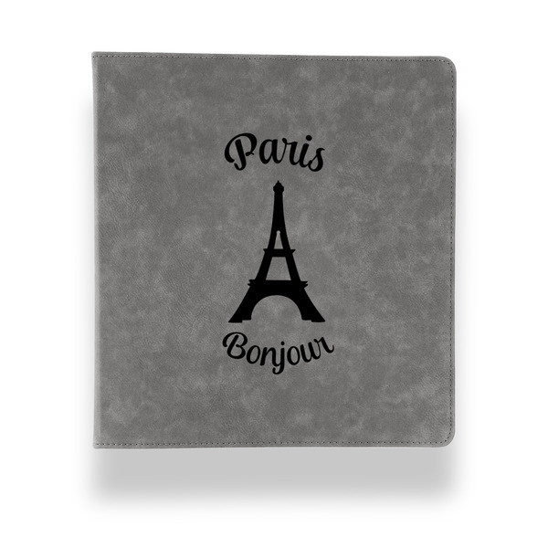 Custom Paris Bonjour and Eiffel Tower Leather Binder - 1" - Grey (Personalized)