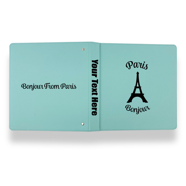 Paris Bonjour and Eiffel Tower Leather Binder - 1" - Teal - Back Spine Front View
