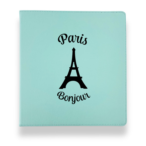 Custom Paris Bonjour and Eiffel Tower Leather Binder - 1" - Teal (Personalized)