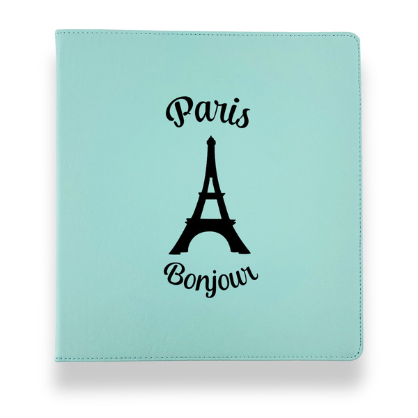 Paris Bonjour and Eiffel Tower Leather Binders - 1" - Teal - Front View