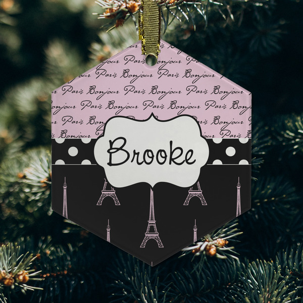 Paris Bonjour and Eiffel Tower Frosted Glass Ornament - Hexagon (Lifestyle)