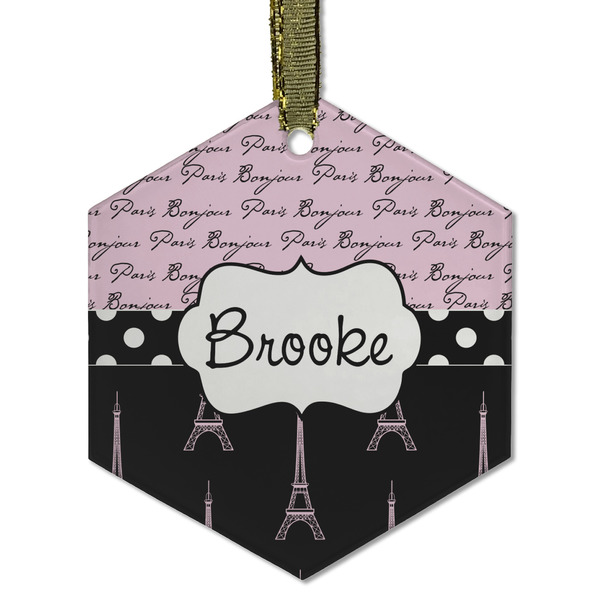 Custom Paris Bonjour and Eiffel Tower Flat Glass Ornament - Hexagon w/ Name or Text