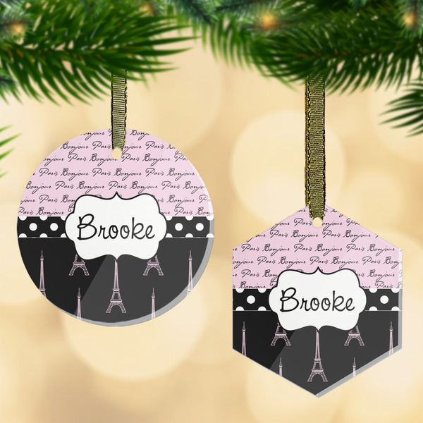 Custom Paris Bonjour and Eiffel Tower Flat Glass Ornament w/ Name or Text
