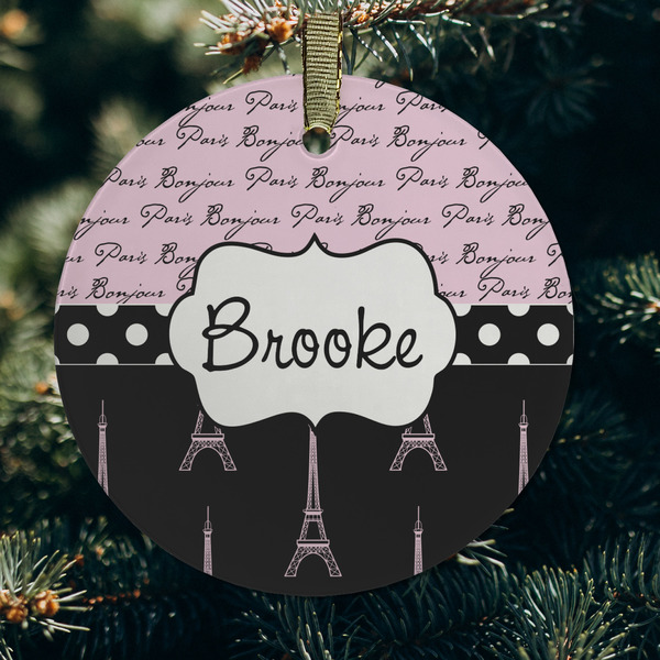 Paris Bonjour and Eiffel Tower Frosted Glass Ornament - Round (Lifestyle)