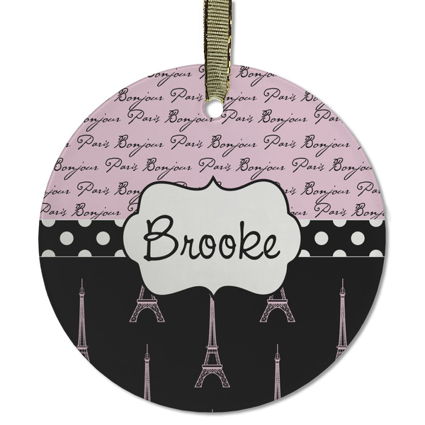 Custom Paris Bonjour and Eiffel Tower Flat Glass Ornament - Round w/ Name or Text