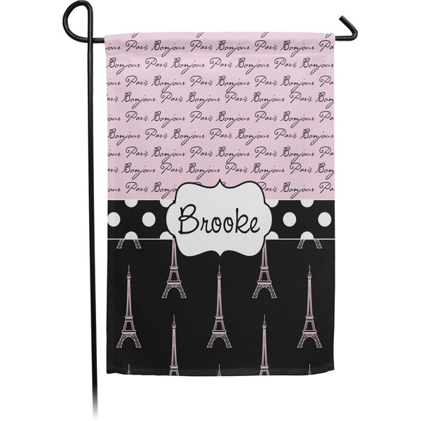 Custom Paris Bonjour and Eiffel Tower Small Garden Flag - Single Sided w/ Name or Text