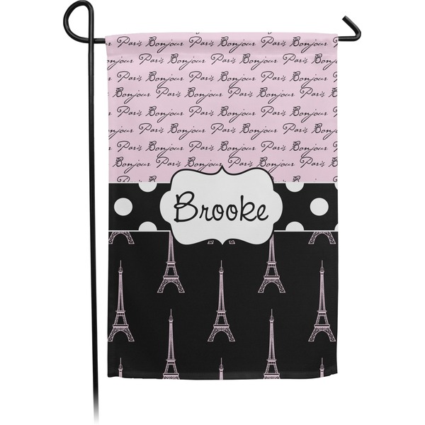 Custom Paris Bonjour and Eiffel Tower Small Garden Flag - Double Sided w/ Name or Text