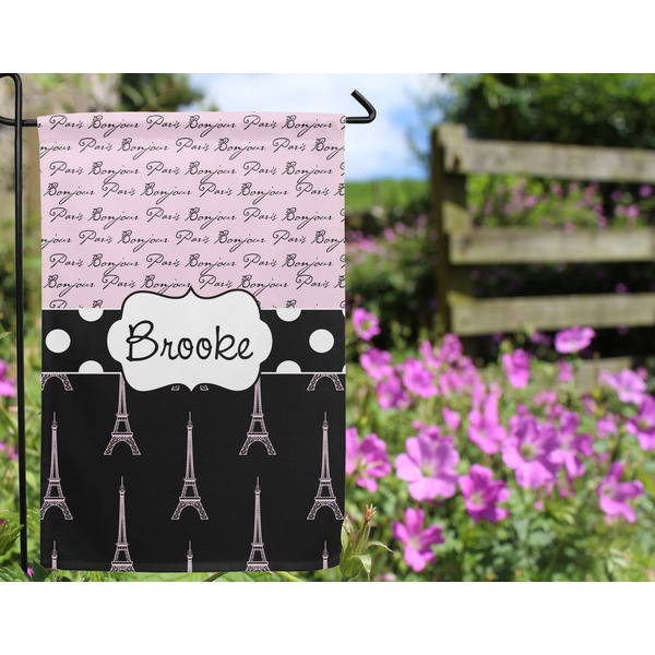 Paris Bonjour and Eiffel Tower Garden Flag - Outside In Flowers