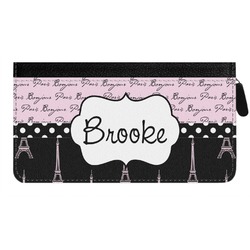 Paris Bonjour and Eiffel Tower Genuine Leather Ladies Zippered Wallet (Personalized)
