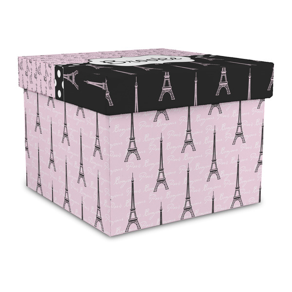 Custom Paris Bonjour and Eiffel Tower Gift Box with Lid - Canvas Wrapped - Large (Personalized)