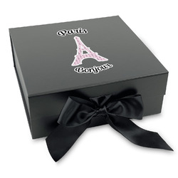 Paris Bonjour and Eiffel Tower Gift Box with Magnetic Lid - Black (Personalized)