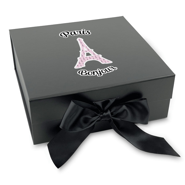 Custom Paris Bonjour and Eiffel Tower Gift Box with Magnetic Lid - Black (Personalized)