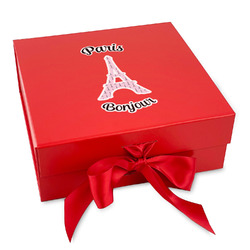 Paris Bonjour and Eiffel Tower Gift Box with Magnetic Lid - Red (Personalized)