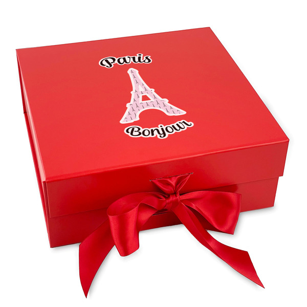 Custom Paris Bonjour and Eiffel Tower Gift Box with Magnetic Lid - Red (Personalized)