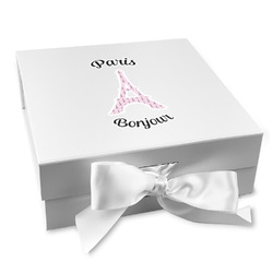 Paris Bonjour and Eiffel Tower Gift Box with Magnetic Lid - White (Personalized)
