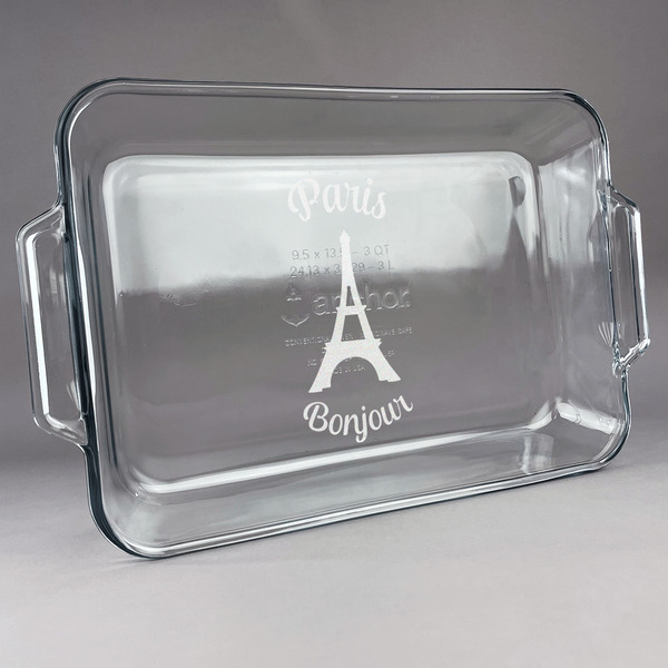Custom Paris Bonjour and Eiffel Tower Glass Baking Dish with Truefit Lid - 13in x 9in (Personalized)