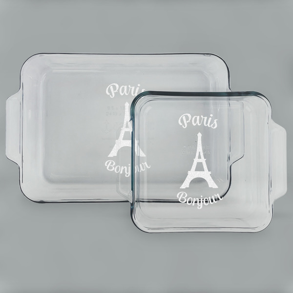 Custom Paris Bonjour and Eiffel Tower Set of Glass Baking & Cake Dish - 13in x 9in & 8in x 8in (Personalized)