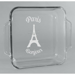 Paris Bonjour and Eiffel Tower Glass Cake Dish - 8in x 8in (Personalized)