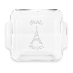 Paris Bonjour and Eiffel Tower Glass Cake Dish with Truefit Lid - 8in x 8in (Personalized)