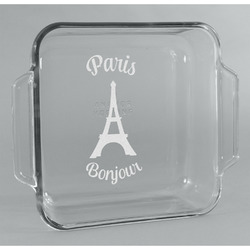 Paris Bonjour and Eiffel Tower Glass Cake Dish - 8in x 8in (Personalized)