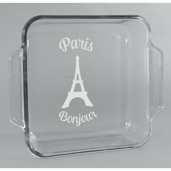 Custom Paris Bonjour and Eiffel Tower Glass Cake Dish - 8in x 8in (Personalized)