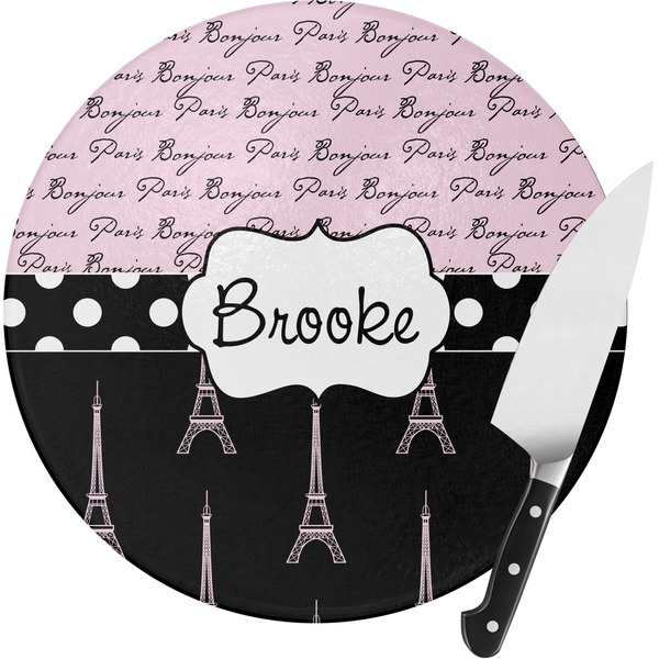 Custom Paris Bonjour and Eiffel Tower Round Glass Cutting Board (Personalized)