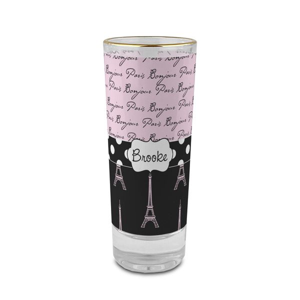 Custom Paris Bonjour and Eiffel Tower 2 oz Shot Glass -  Glass with Gold Rim - Set of 4 (Personalized)