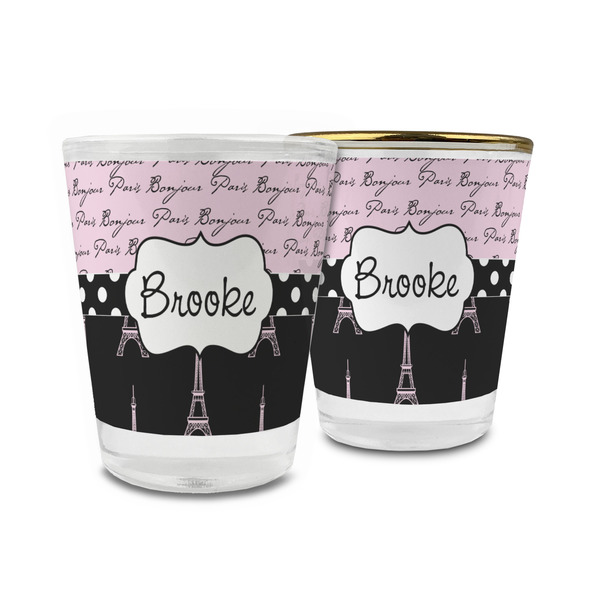 Custom Paris Bonjour and Eiffel Tower Glass Shot Glass - 1.5 oz (Personalized)