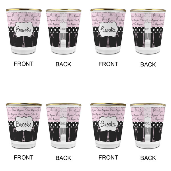 Paris Bonjour and Eiffel Tower Glass Shot Glass - with gold rim - Set of 4 - APPROVAL