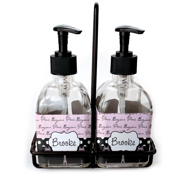 Custom Paris Bonjour and Eiffel Tower Glass Soap & Lotion Bottle Set (Personalized)