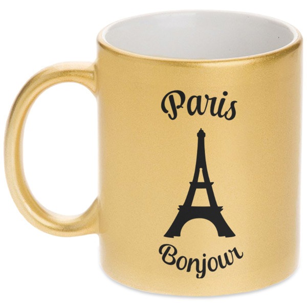 Custom Paris Bonjour and Eiffel Tower Metallic Gold Mug (Personalized)