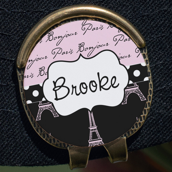 Paris Bonjour and Eiffel Tower Golf Ball Marker Hat Clip - Gold - Close Up